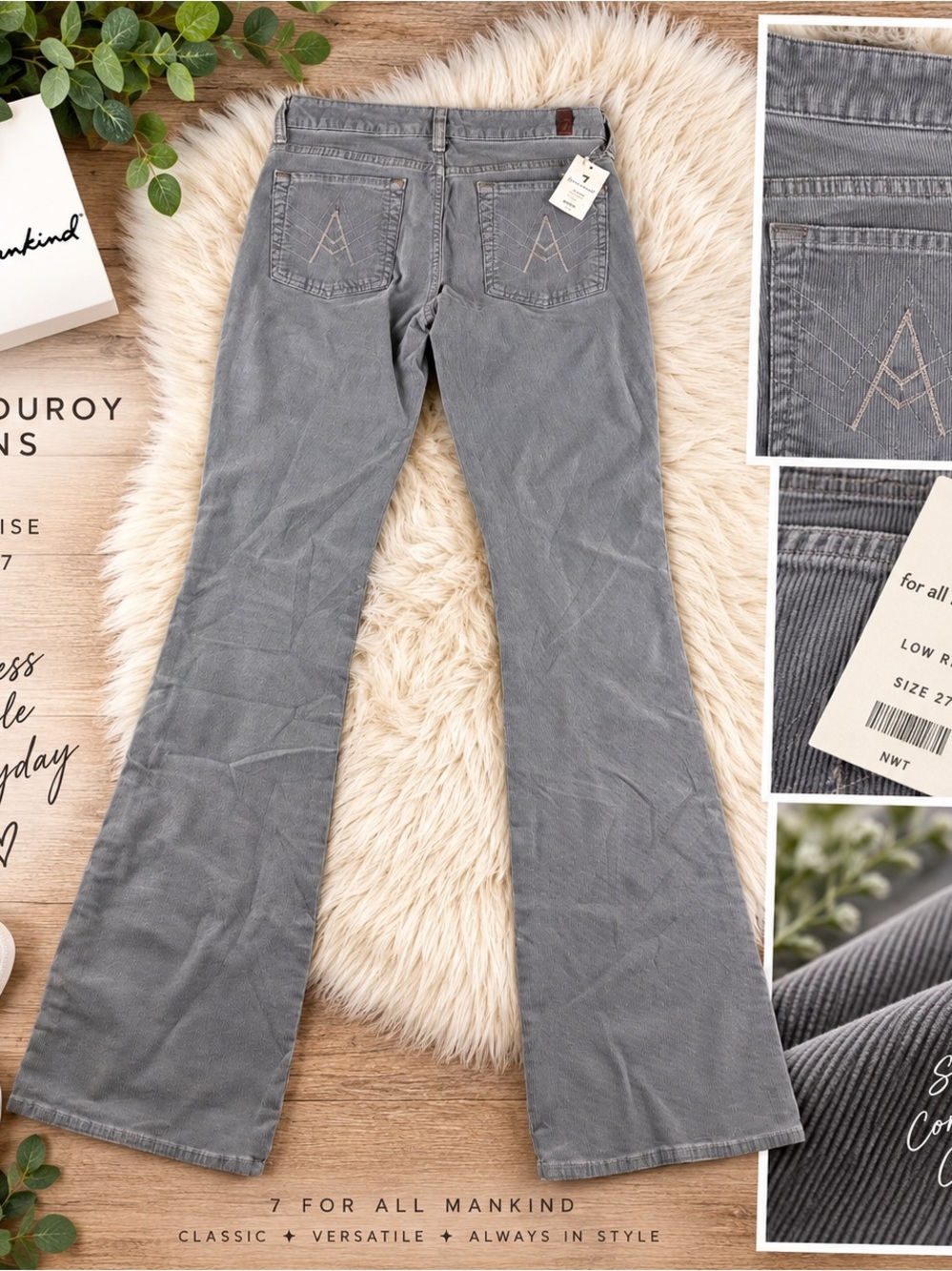 NWT Vintage 7 For All Mankind Grey Corduroy Low Rise Flare Jeans Size 27